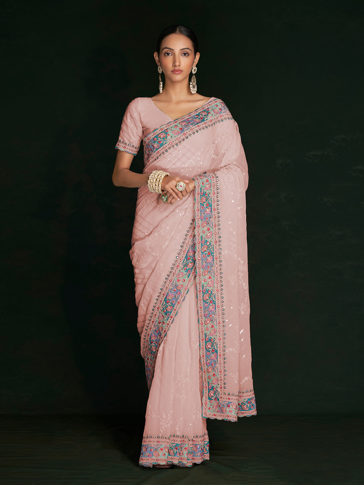 Rajwada - Beautiful Pink Georgette Embroidered Saree With Unstitched Blouse