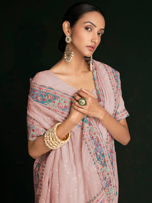 Rajwada - Beautiful Pink Georgette Embroidered Saree With Unstitched Blouse