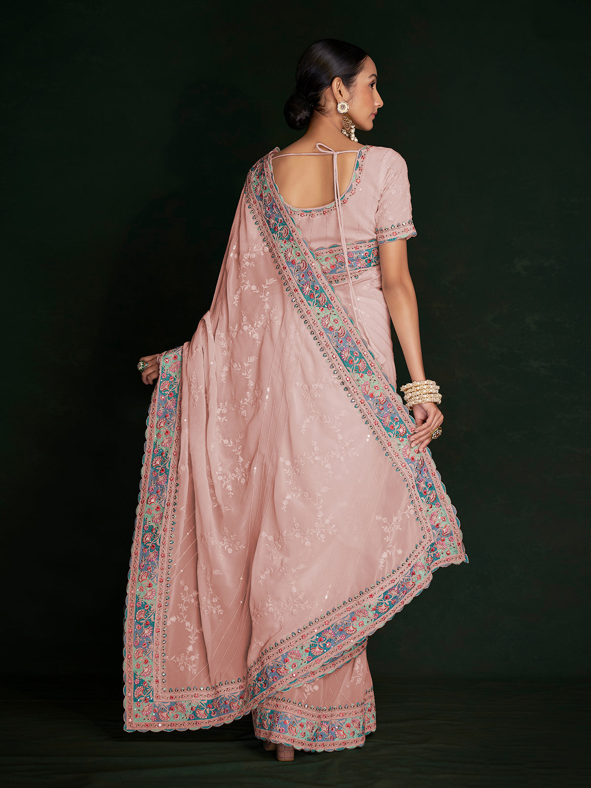 Rajwada - Beautiful Pink Georgette Embroidered Saree With Unstitched Blouse
