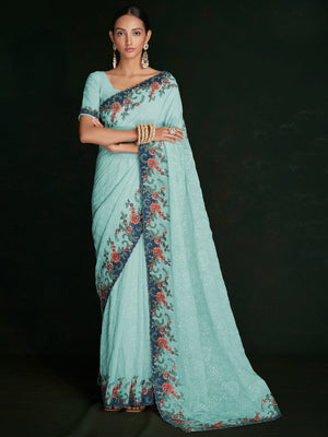 Rajwada - Modern Blue Georgette Embroidered Saree With Unstitched Blouse