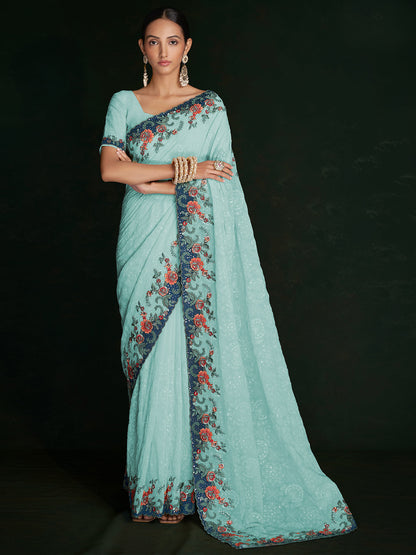 Rajwada - Modern Blue Georgette Embroidered Saree With Unstitched Blouse