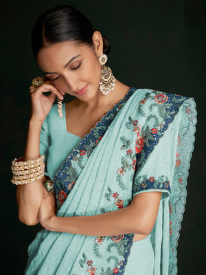 Rajwada - Modern Blue Georgette Embroidered Saree With Unstitched Blouse
