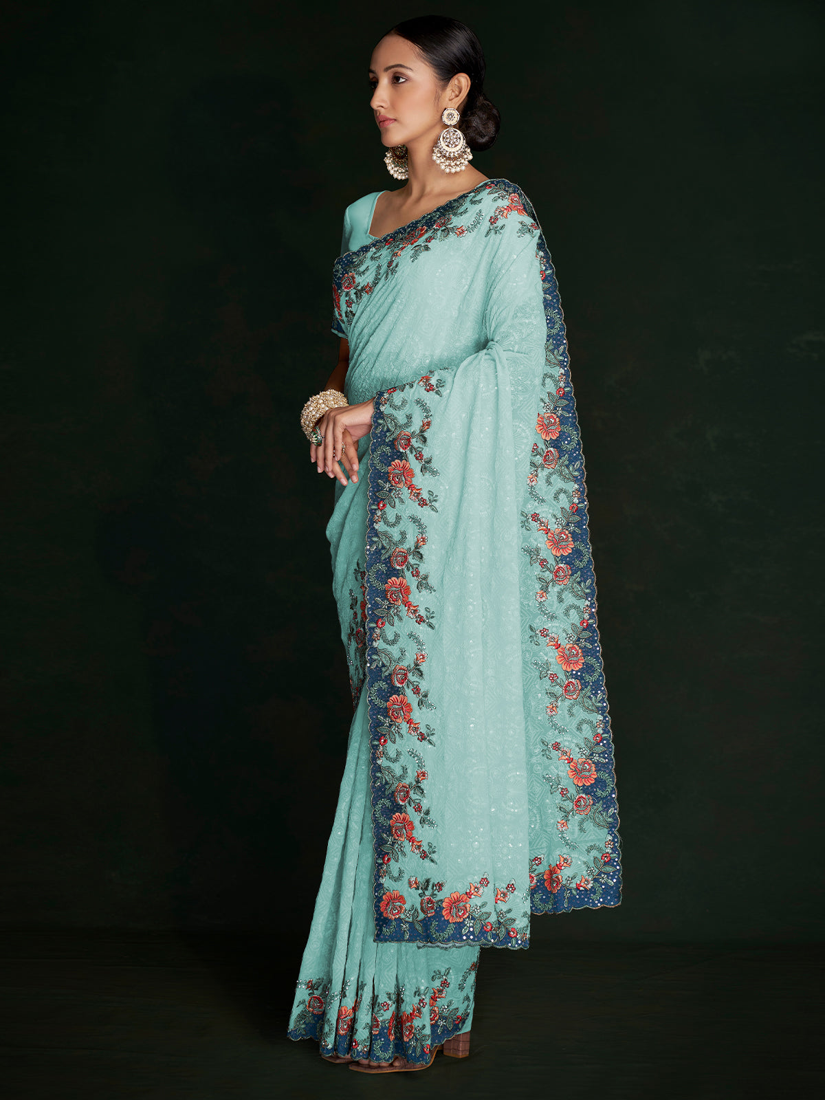 Rajwada - Modern Blue Georgette Embroidered Saree With Unstitched Blouse
