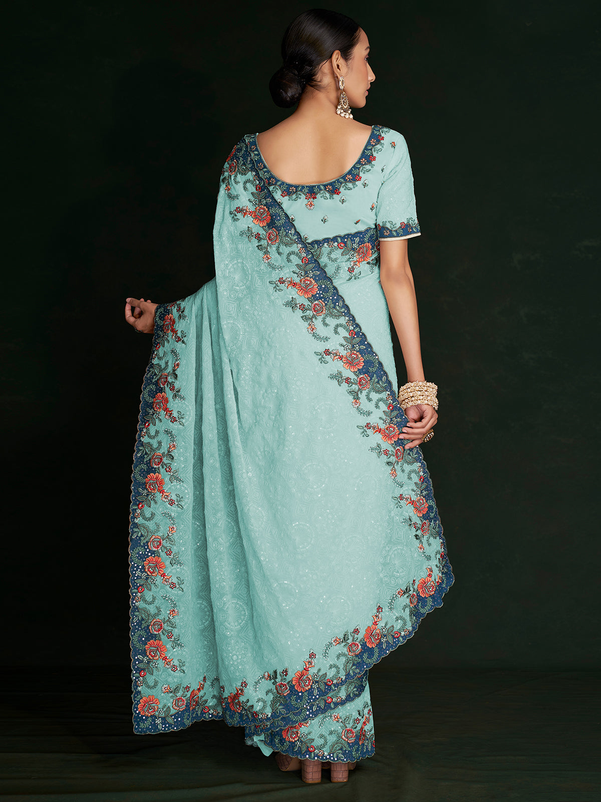 Rajwada - Modern Blue Georgette Embroidered Saree With Unstitched Blouse
