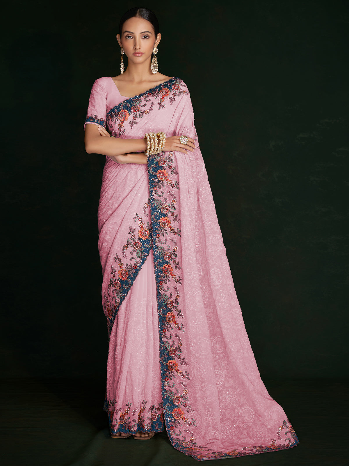Rajwada - Classic Pink Georgette Embroidered Saree With Unstitched Blouse