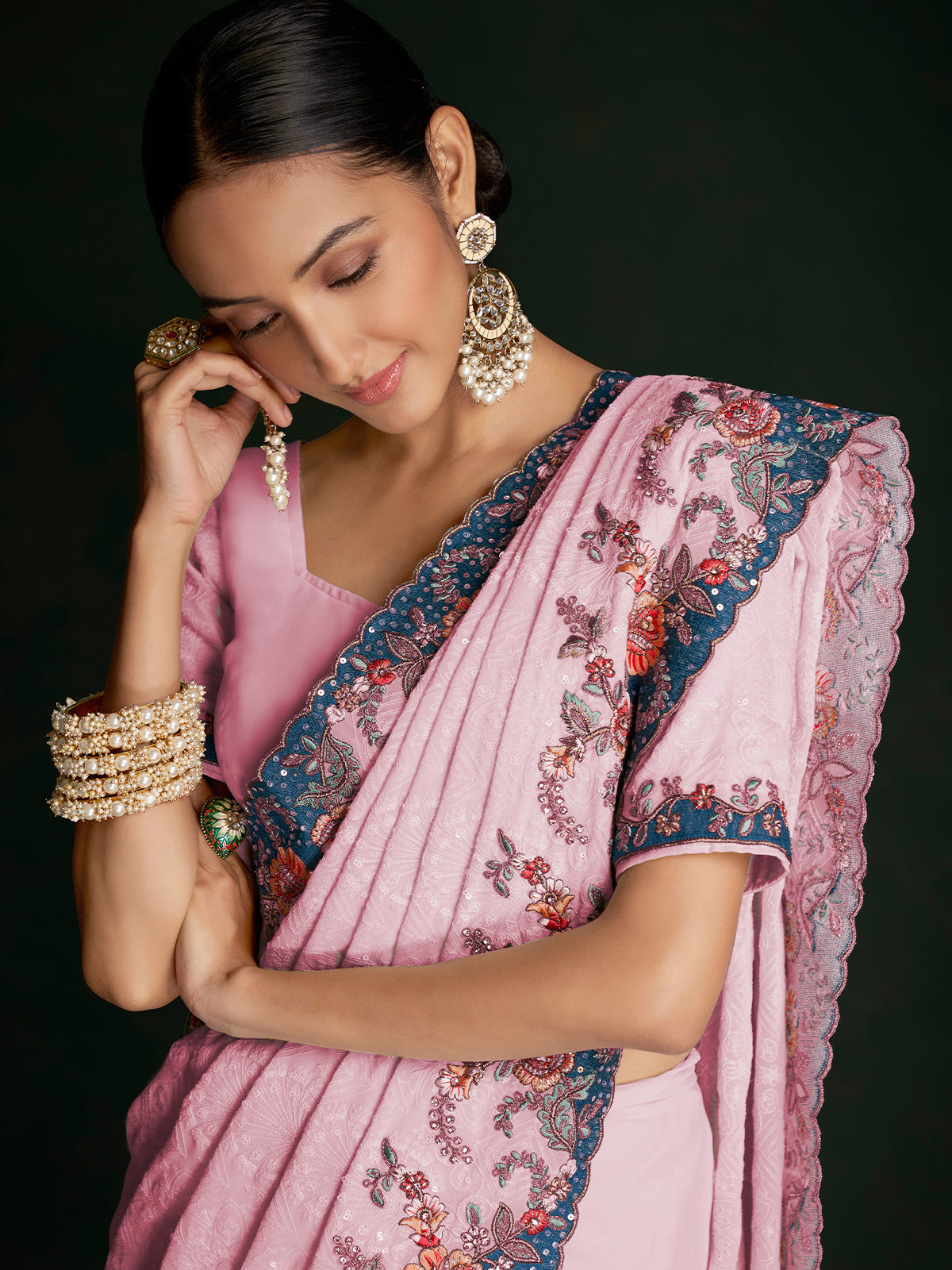 Rajwada - Classic Pink Georgette Embroidered Saree With Unstitched Blouse