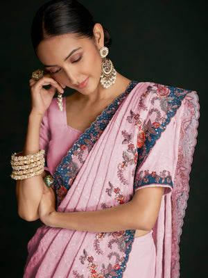 Rajwada - Classic Pink Georgette Embroidered Saree With Unstitched Blouse
