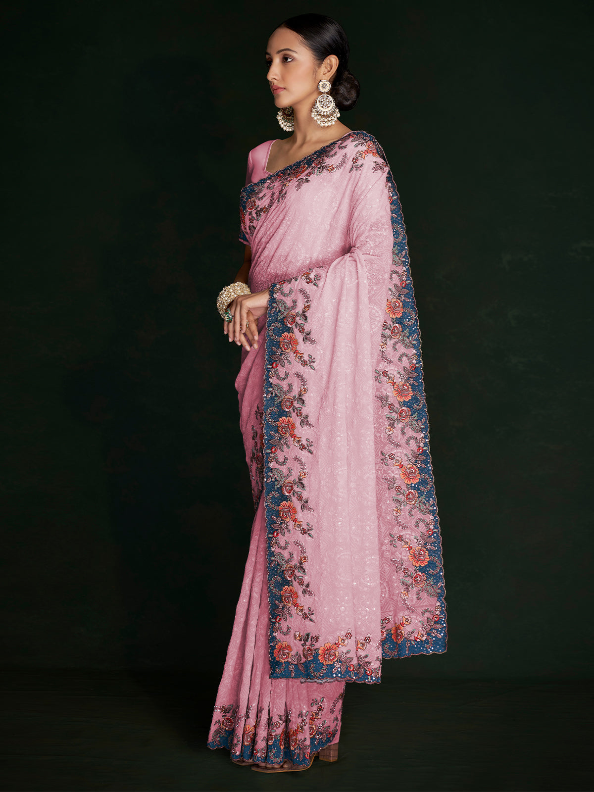 Rajwada - Classic Pink Georgette Embroidered Saree With Unstitched Blouse