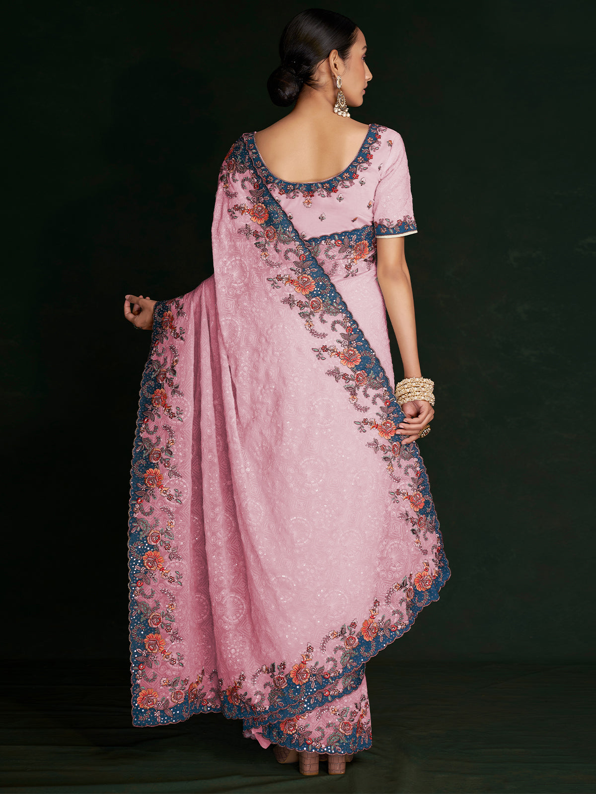 Rajwada - Classic Pink Georgette Embroidered Saree With Unstitched Blouse