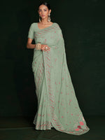 Rajwada - Designer Sea Green Georgette Embroidered Saree With Unstitched Blouse