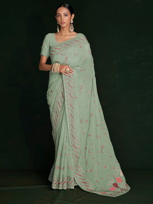 Rajwada - Designer Sea Green Georgette Embroidered Saree With Unstitched Blouse