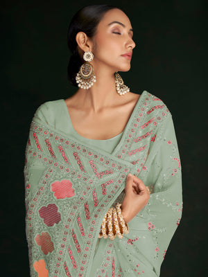 Rajwada - Designer Sea Green Georgette Embroidered Saree With Unstitched Blouse