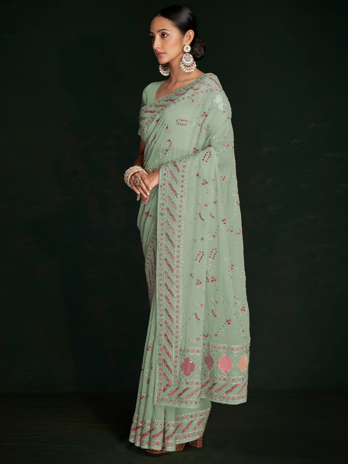 Rajwada - Designer Sea Green Georgette Embroidered Saree With Unstitched Blouse