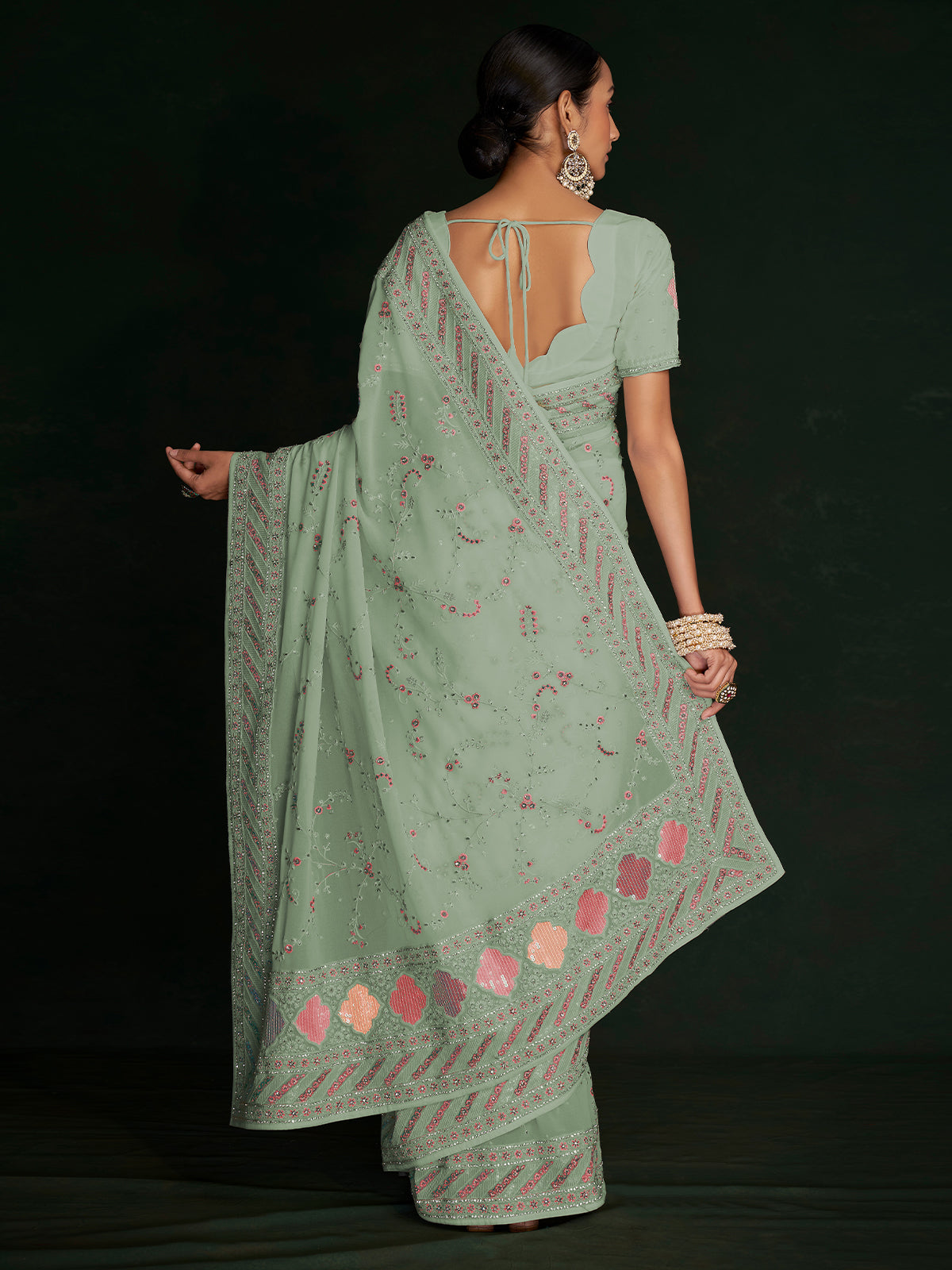Rajwada - Designer Sea Green Georgette Embroidered Saree With Unstitched Blouse