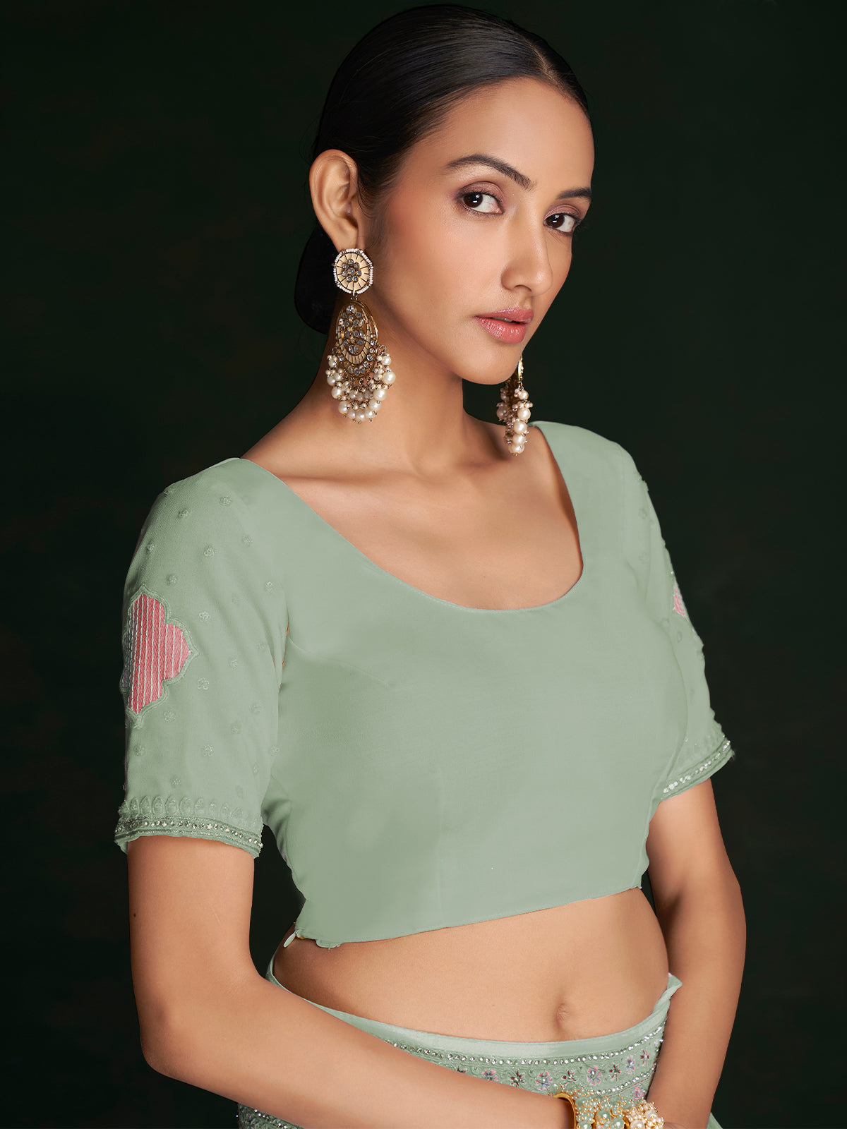 Rajwada - Designer Sea Green Georgette Embroidered Saree With Unstitched Blouse