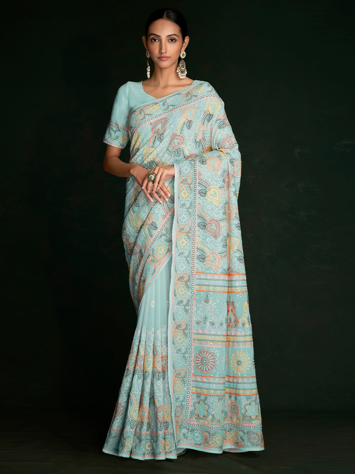 Rajwada - Beautiful Blue Georgette Embroidered Saree With Unstitched Blouse