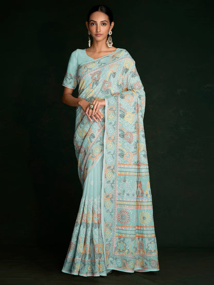 Rajwada - Beautiful Blue Georgette Embroidered Saree With Unstitched Blouse
