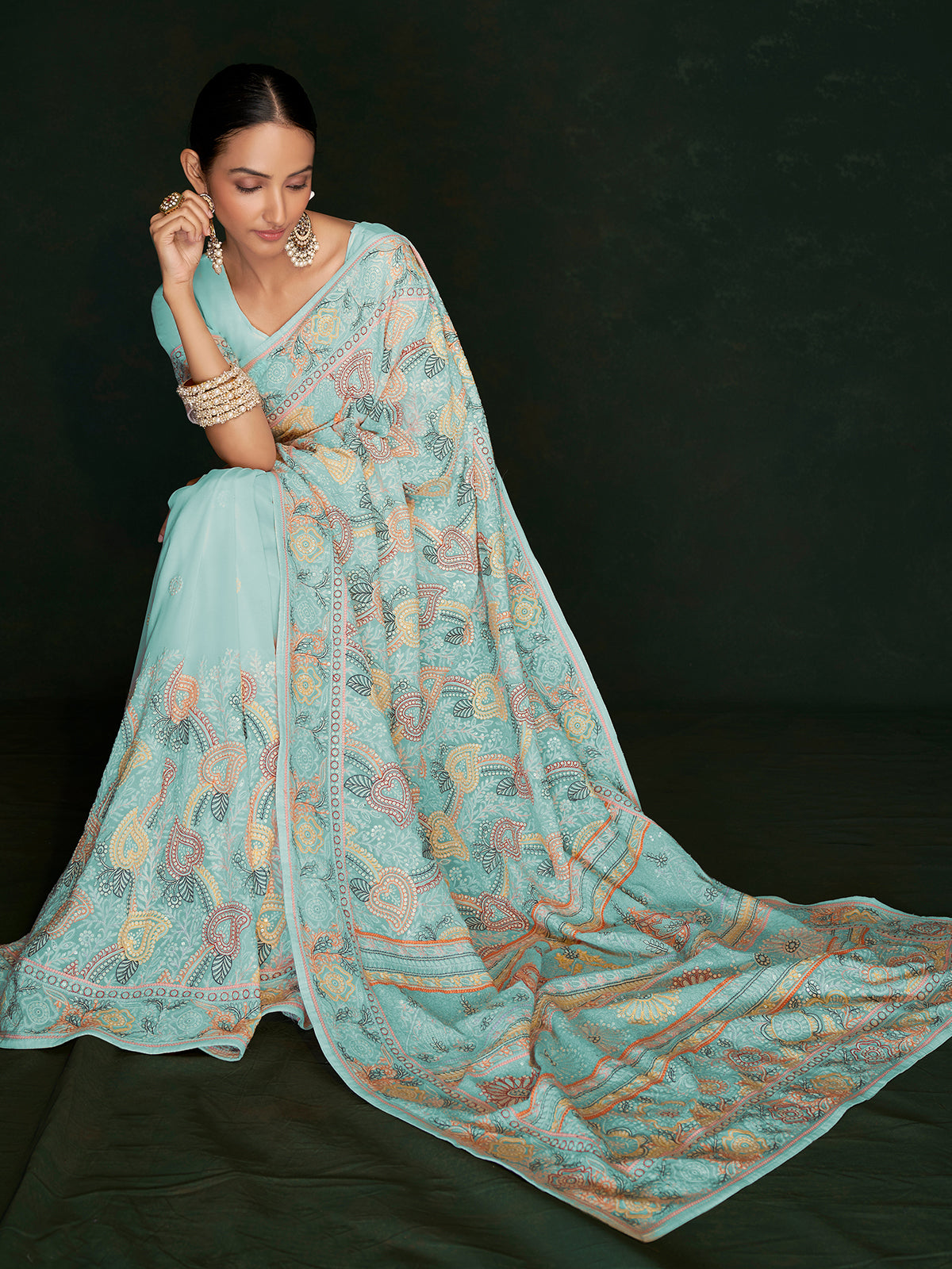 Rajwada - Beautiful Blue Georgette Embroidered Saree With Unstitched Blouse