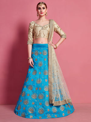Rajwada Women Sky Blue Embroidered Semi Stitched Lehenga With Unstitched Blouse