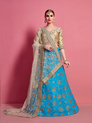 Rajwada Women Sky Blue Embroidered Semi Stitched Lehenga With Unstitched Blouse