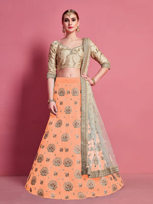 Rajwada Women Orange Embroidered Semi Stitched Lehenga With Unstitched Blouse