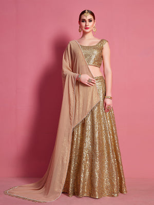 Rajwada Women Golden Soft Net Semi Stitched Lehenga With Unstitched Blouse