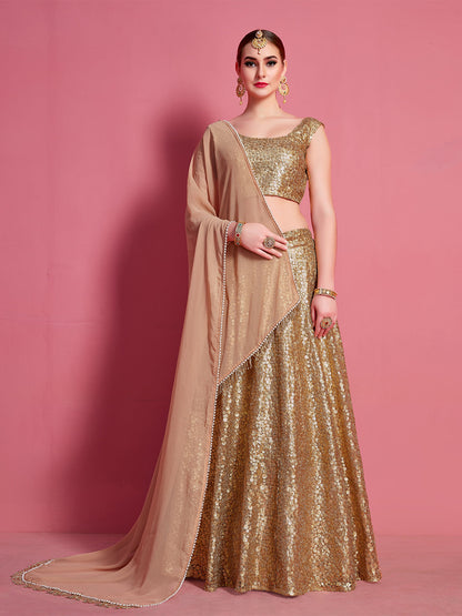 Rajwada Women Golden Soft Net Semi Stitched Lehenga With Unstitched Blouse