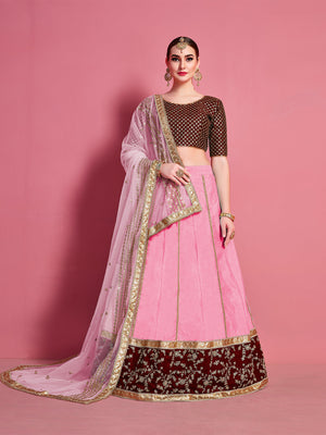 Rajwada Women Pink Embroidered Semi Stitched Lehenga With Unstitched Blouse