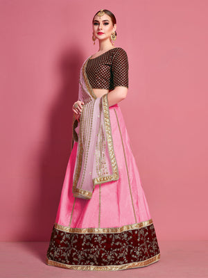 Rajwada Women Pink Embroidered Semi Stitched Lehenga With Unstitched Blouse