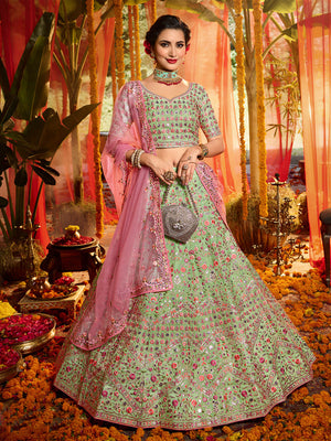 Rajwada Women Green Sequins Sassy Semi Stitched Lehenga With Unstitched Blouse
