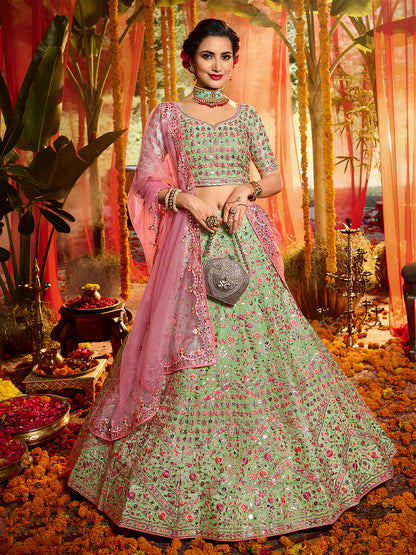 Rajwada Women Green Sequins Sassy Semi Stitched Lehenga With Unstitched Blouse