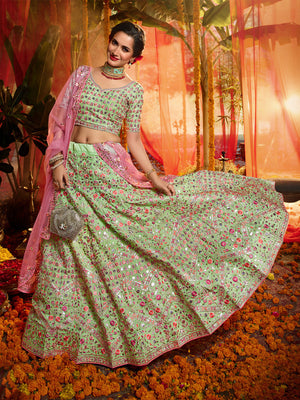 Rajwada Women Green Sequins Sassy Semi Stitched Lehenga With Unstitched Blouse