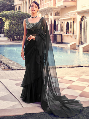 Rajwada Women Black Organza Solid Saree With Blouse Piece
