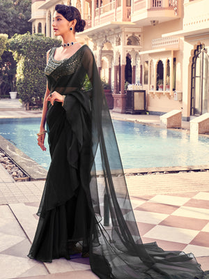 Rajwada Women Black Organza Solid Saree With Blouse Piece