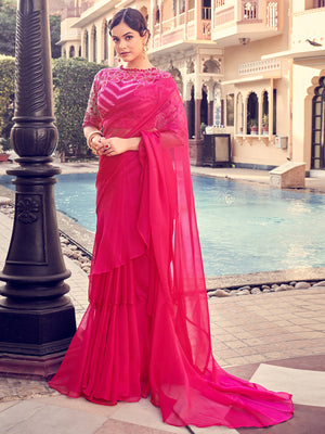 Rajwada Women Pink Organza Solid Saree With Blouse Piece