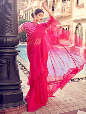 Rajwada Women Pink Organza Solid Saree With Blouse Piece