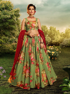 Rajwada Women Green Elegant Semi Stitched Lehenga With Unstitched Blouse