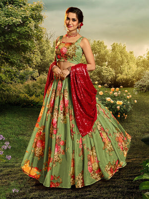 Rajwada Women Green Elegant Semi Stitched Lehenga With Unstitched Blouse