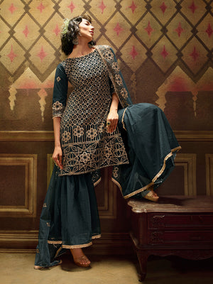 Rajwada Women Simple Teal Soft Net Semi Stitched Kurta Set