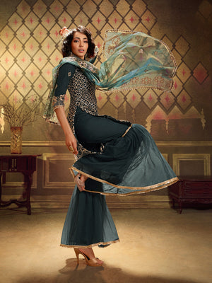 Rajwada Women Simple Teal Soft Net Semi Stitched Kurta Set