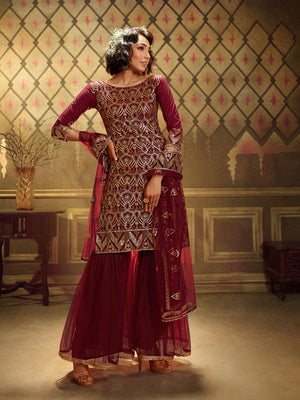 Rajwada Women Maroon Modern Semi Stitched Kurta Set