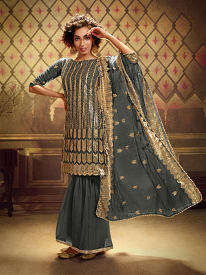 Rajwada Women Grey Soft Net Semi Stitched Kurta Set