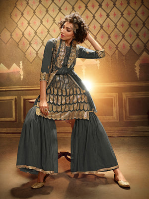 Rajwada Women Grey Soft Net Semi Stitched Kurta Set