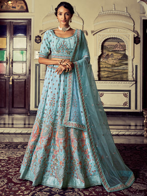 Rajwada - Attractive Blue Georgette Embroidered Semi Stitched Lehenga With Unstitched Blouse