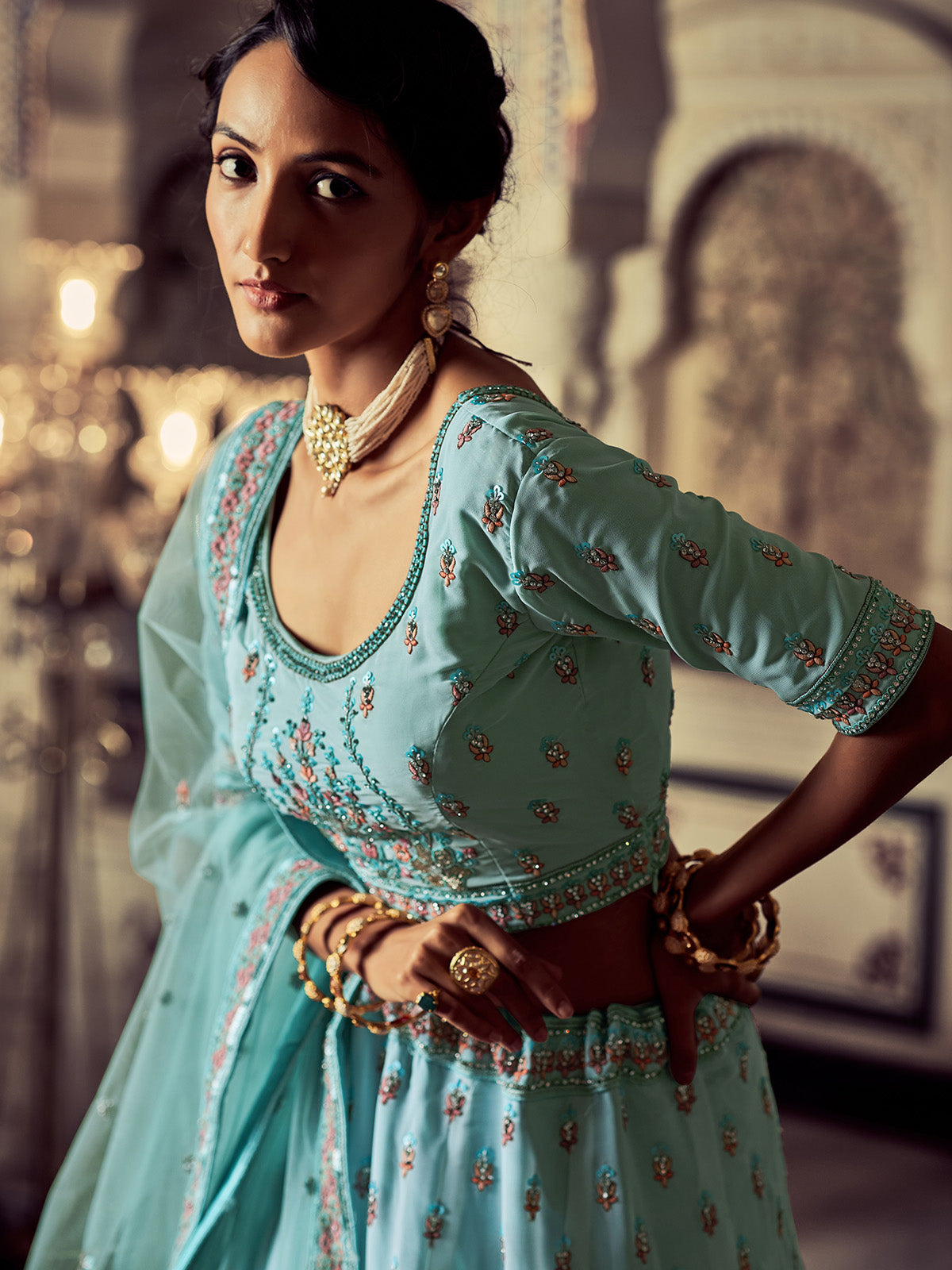 Rajwada - Attractive Blue Georgette Embroidered Semi Stitched Lehenga With Unstitched Blouse
