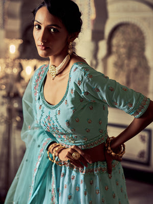 Rajwada - Attractive Blue Georgette Embroidered Semi Stitched Lehenga With Unstitched Blouse