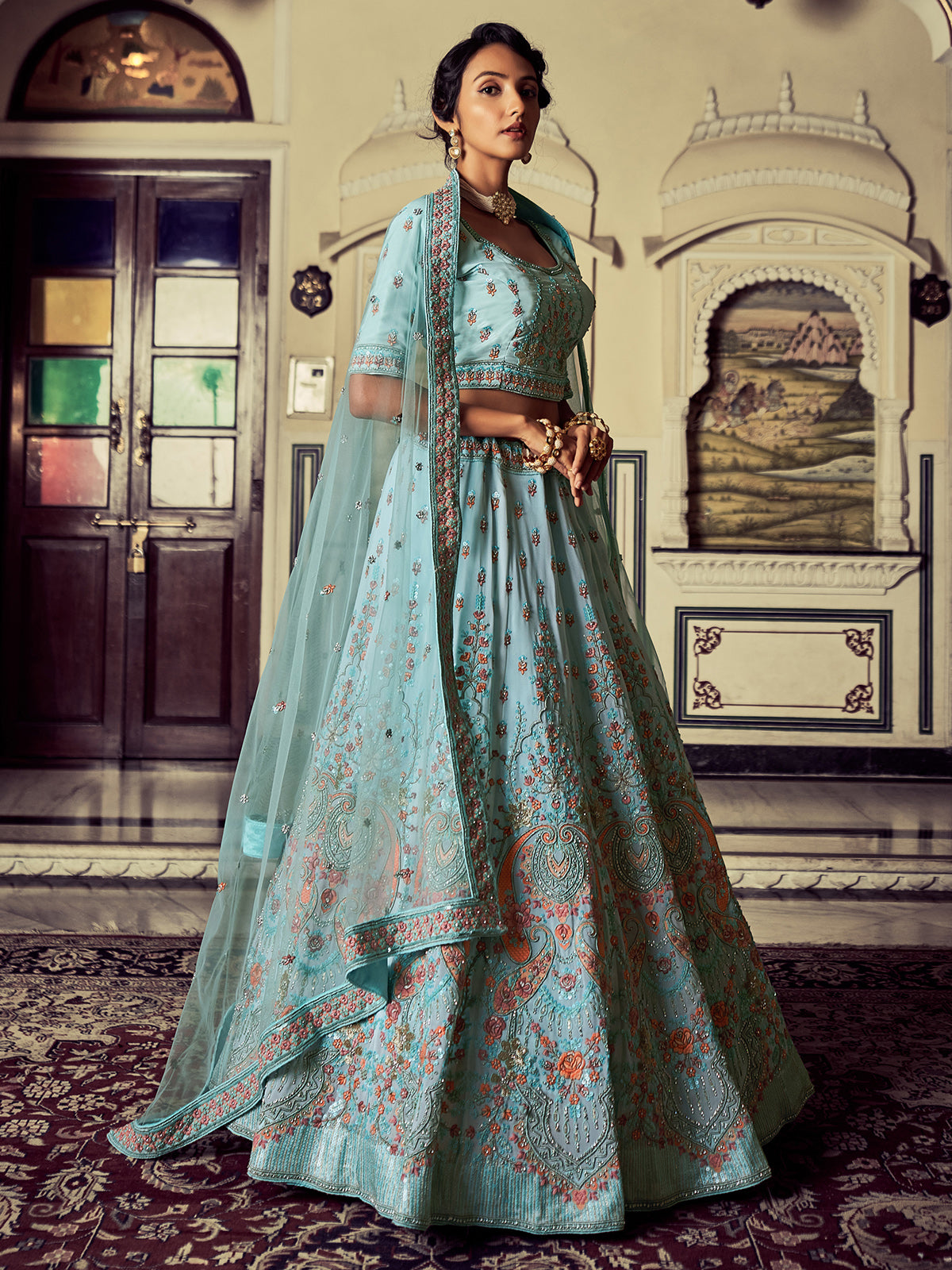 Rajwada - Attractive Blue Georgette Embroidered Semi Stitched Lehenga With Unstitched Blouse