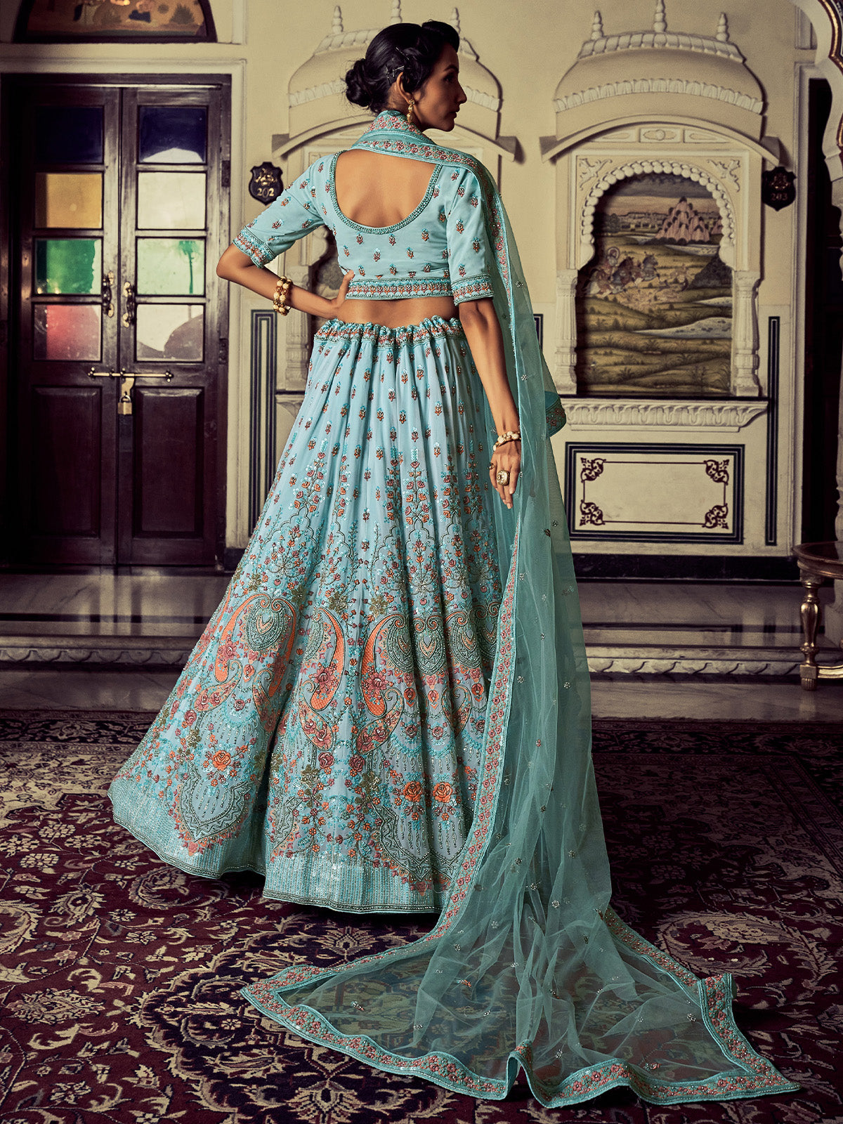 Rajwada - Attractive Blue Georgette Embroidered Semi Stitched Lehenga With Unstitched Blouse