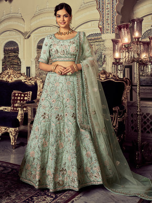 Rajwada - Classic Sea Green Georgette Embroidered Semi Stitched Lehenga With Unstitched Blouse