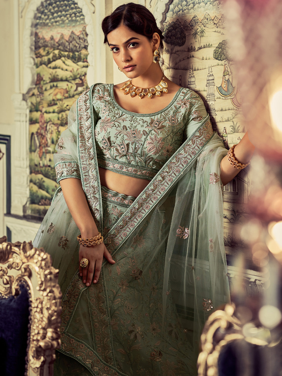 Rajwada - Classic Sea Green Georgette Embroidered Semi Stitched Lehenga With Unstitched Blouse